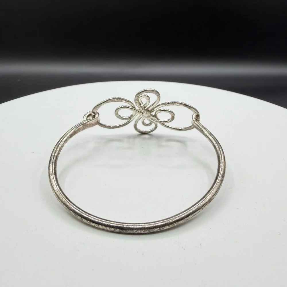 Silver Tone Scrollwork Bangle Bracelet Ornate Wirework Swirl Boho Statement Gift